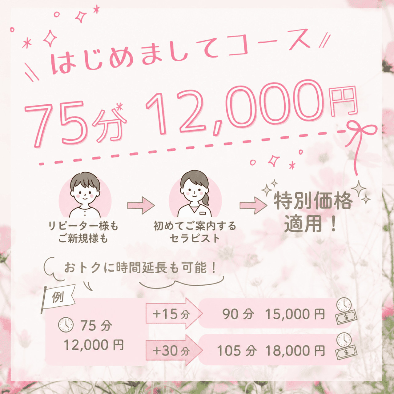 名古屋・名駅・高岳のメンズエステならMilk Repos-ミルクルポの はじめましてコース 75分 12,000円。当店のリピーター様も、ご新規様も、初めてご案内するセラピストに適用されるコースです。 あらかじめ延長も可能です。例 延長 15 分の場合　……90分5,000円延長 30分の場合　105分18,000 円